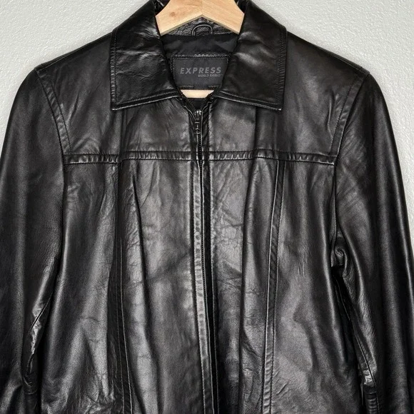 Express Black Genuine Leather Zip Front Jacket Womens Small Y2K Minimal Moto - Picture 3 of 10